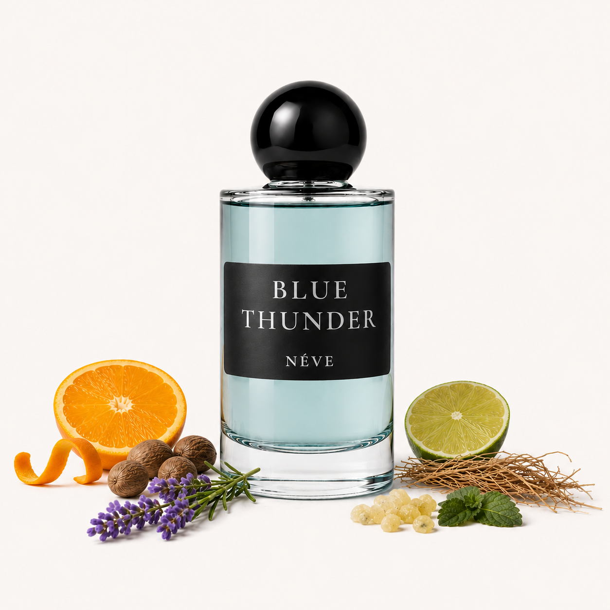 NÉVE Blue Thunder extrait de parfum bottle — fresh lemon and marine top notes with lavender and white florals