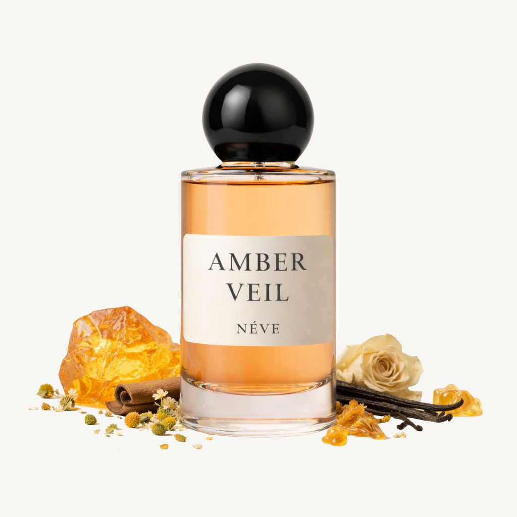 Buy NÉVE Amber Veil - floral amber niche Extrait de Parfum with rose, jasmine, amberwood, ambergris, fir resin, ambroxan and sugar, handcrafted in India
