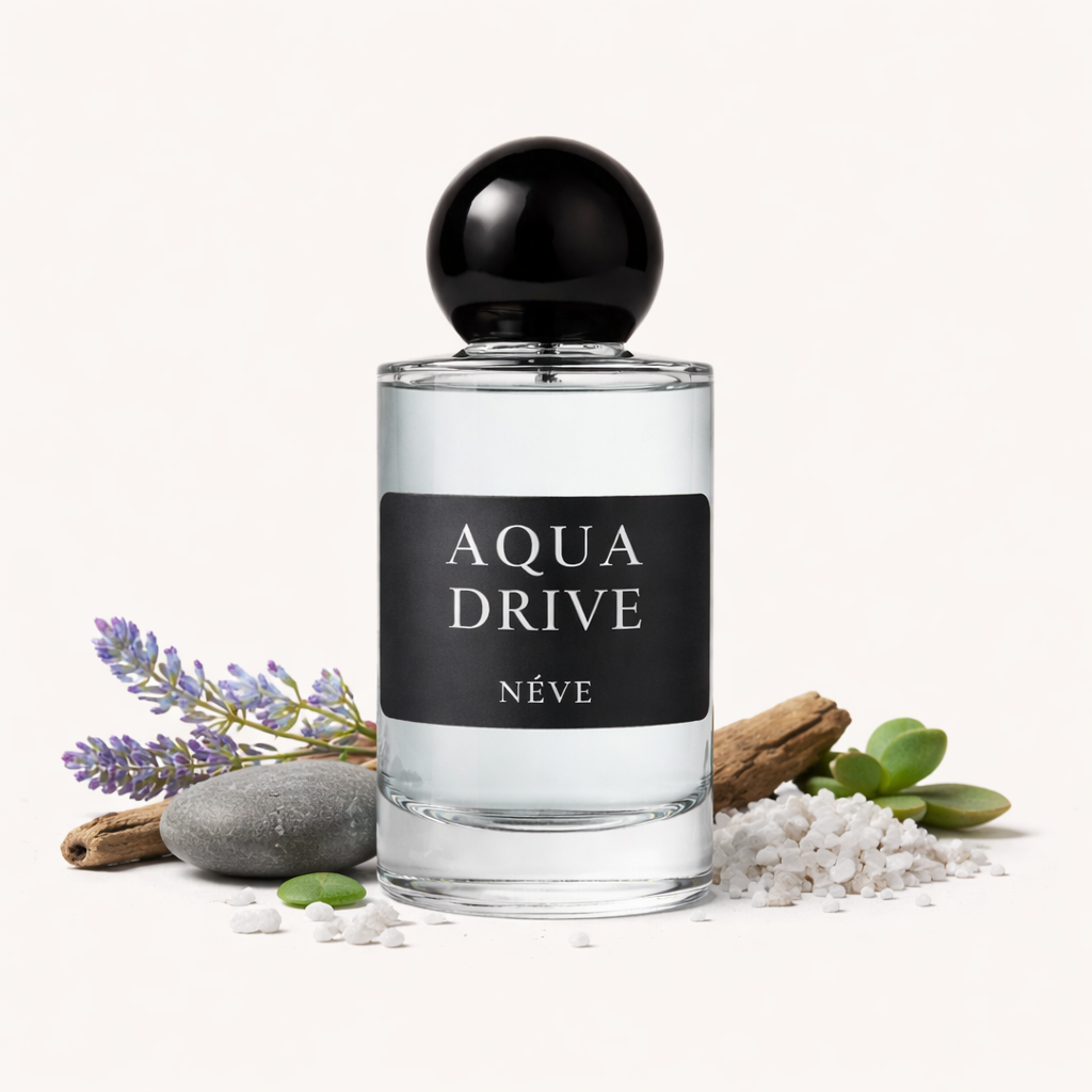 Buy NÉVE Aqua Drive - clean aquatic niche Extrait de Parfum with mandarin, pear, bergamot, sea notes, lavender, tonka bean and amberwood, handcrafted in India