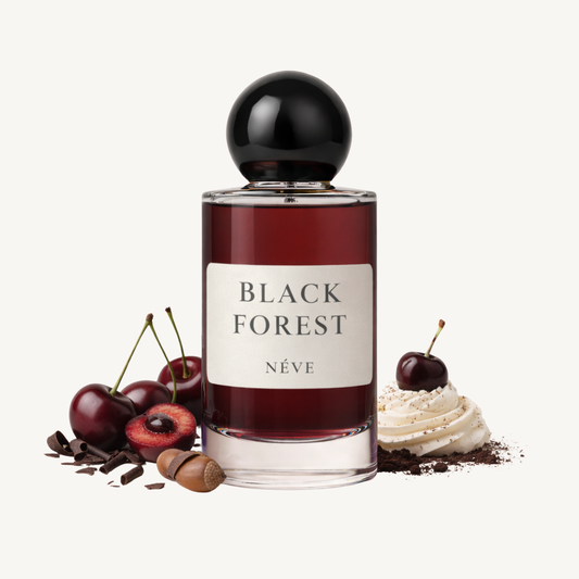 Buy NÉVE Black Forest - cozy gourmand niche Extrait de Parfum with hazelnut, sugar, butter, lilac, vanilla, benzoin and tonka bean, handcrafted in India
