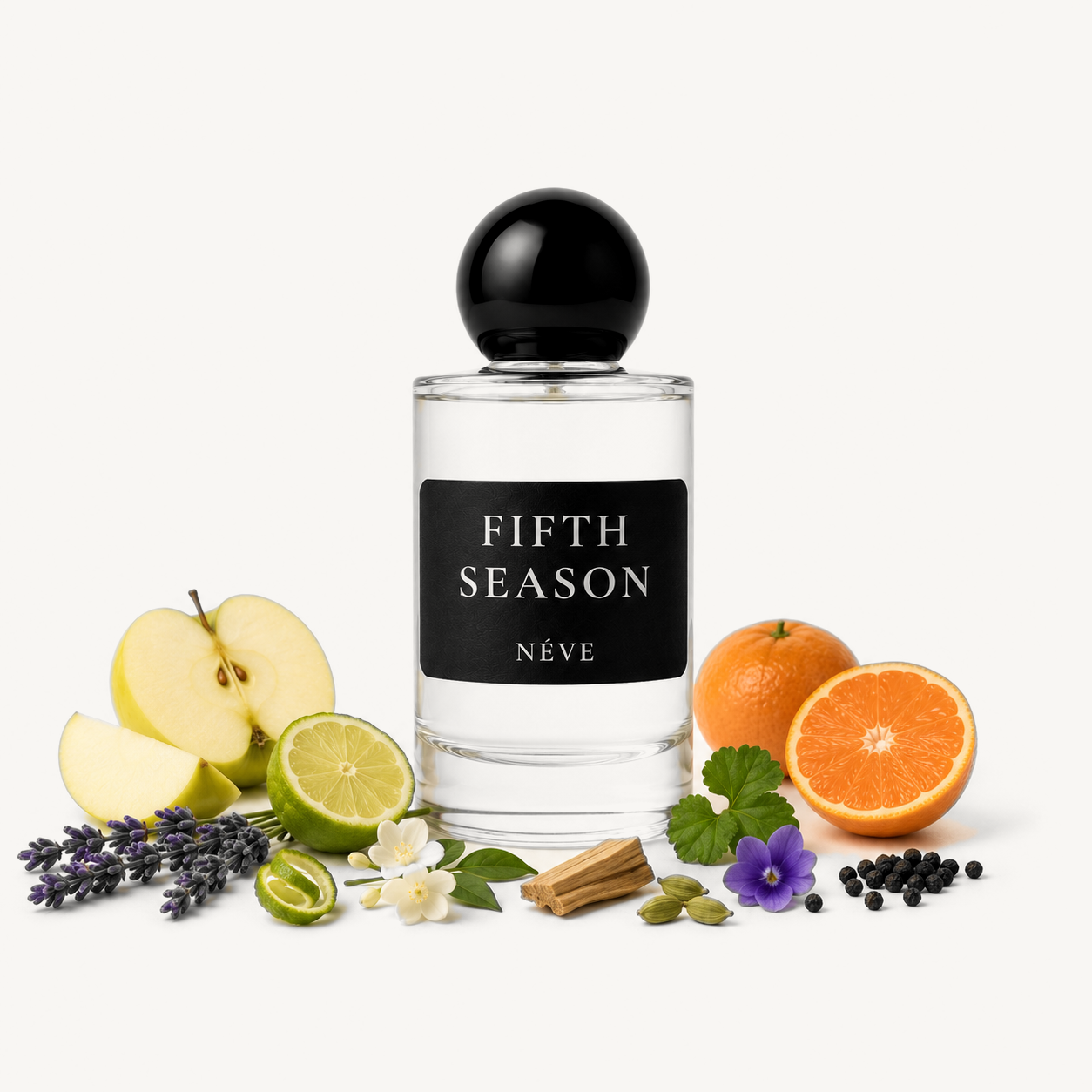 NÉVE Fifth Season extrait de parfum bottle — apple and mandarin top notes with jasmine and sandalwood base