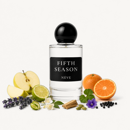 NÉVE Fifth Season extrait de parfum bottle — apple and mandarin top notes with jasmine and sandalwood base