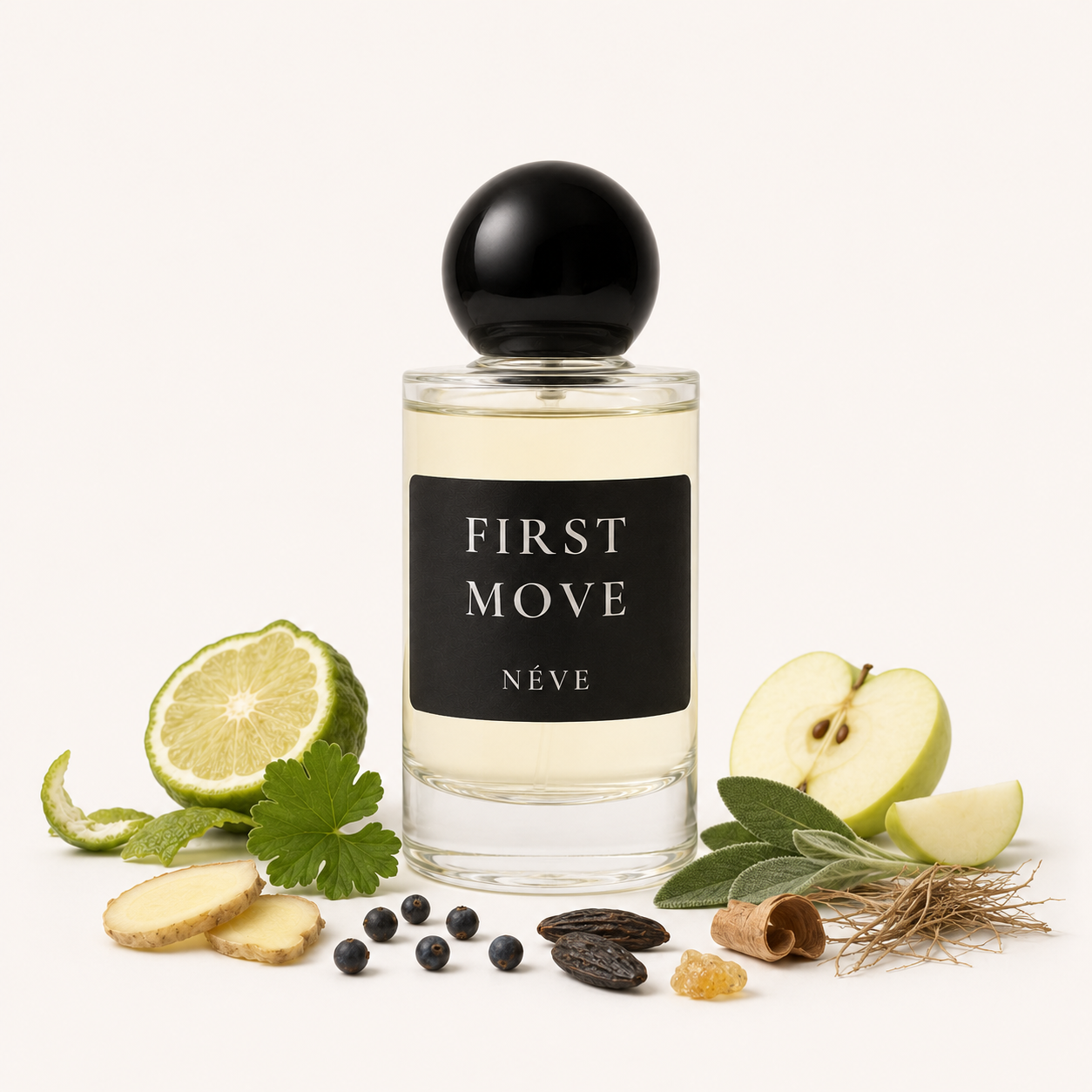 NÉVE First Move extrait de parfum bottle — bergamot and apple top notes with amberwood and tonka bean base