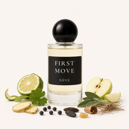 NÉVE First Move extrait de parfum bottle — bergamot and apple top notes with amberwood and tonka bean base