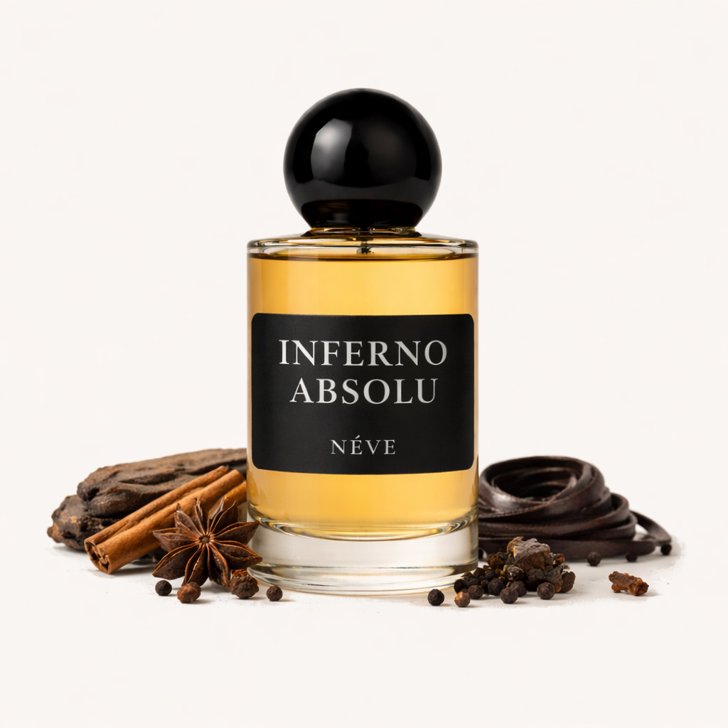 Buy NÉVE Inferno Absolu - dark spiced niche Extrait de Parfum with nutmeg, cinnamon, cardamom, lavender, sandalwood, patchouli and vetiver, handcrafted in India
