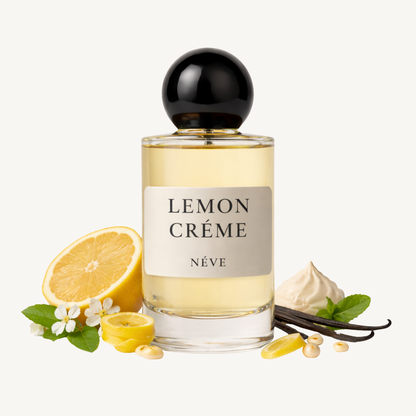 Buy NÉVE Lemon Crème — zesty gourmand niche Extrait de Parfum with candied lemon, orange blossom, panna cotta and vanilla, handcrafted in India