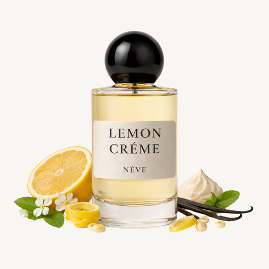 Buy NÉVE Lemon Crème — zesty gourmand niche Extrait de Parfum with candied lemon, orange blossom, panna cotta and vanilla, handcrafted in India