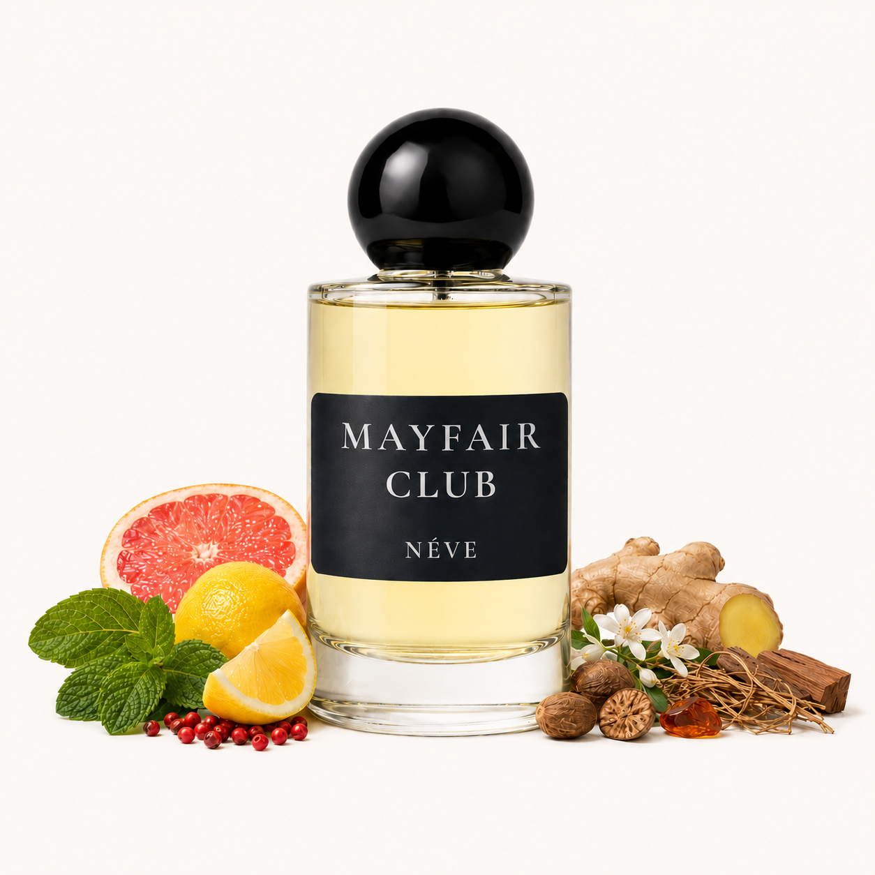 NÉVE Mayfair Club extrait de parfum bottle — grapefruit and pink pepper top notes with incense and sandalwood base