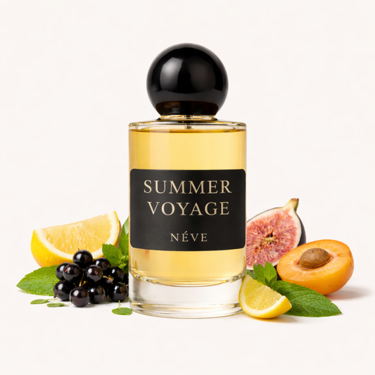 Buy NÉVE Summer Voyage - fresh fruity niche Extrait de Parfum with citron, lemon, blackcurrant, apricot, fig and dates, handcrafted in India