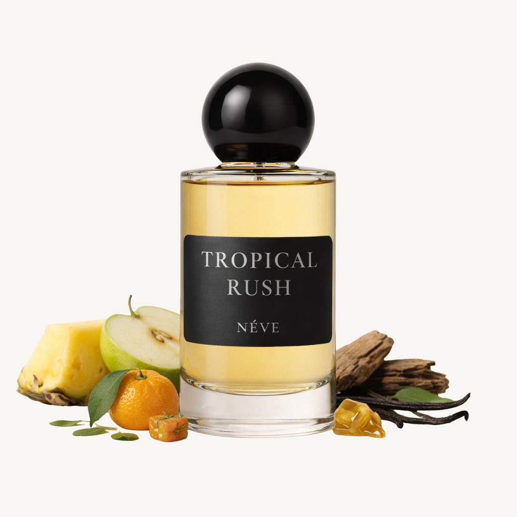 Buy NÉVE Tropical Rush - tropical fruity niche Extrait de Parfum with pineapple, apple, mandarin, oakmoss, cedarwood, ambergris and caramel, handcrafted in India