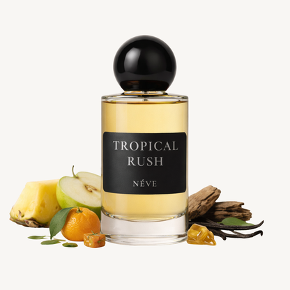 Buy NÉVE Tropical Rush - tropical fruity niche Extrait de Parfum with pineapple, apple, mandarin, oakmoss, cedarwood, ambergris and caramel, handcrafted in India